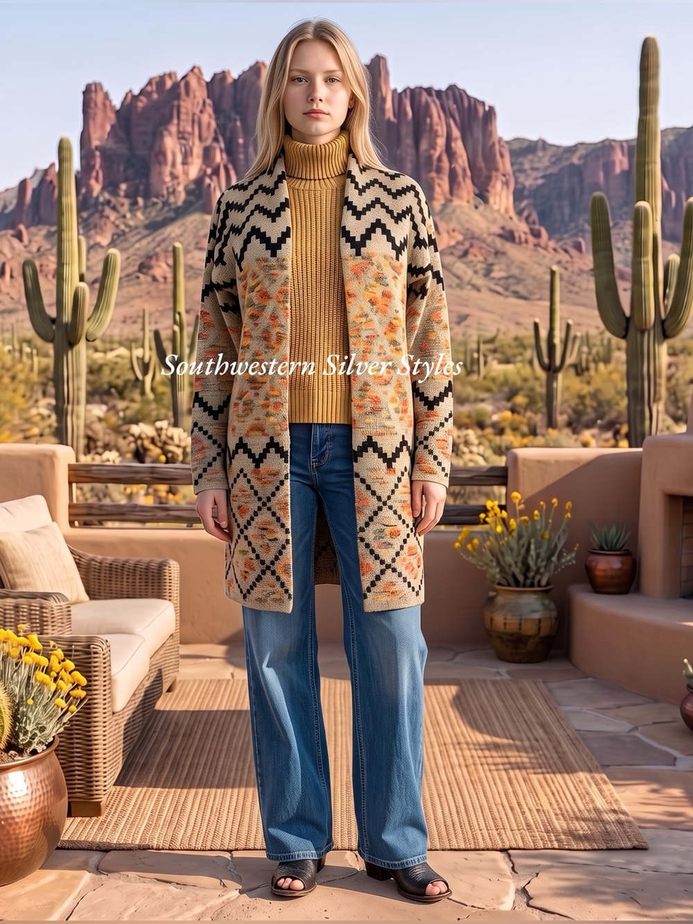 Debut Southwestern Aztec Soft Duster Cardigan Sweater Green Gold Women’s Size XS